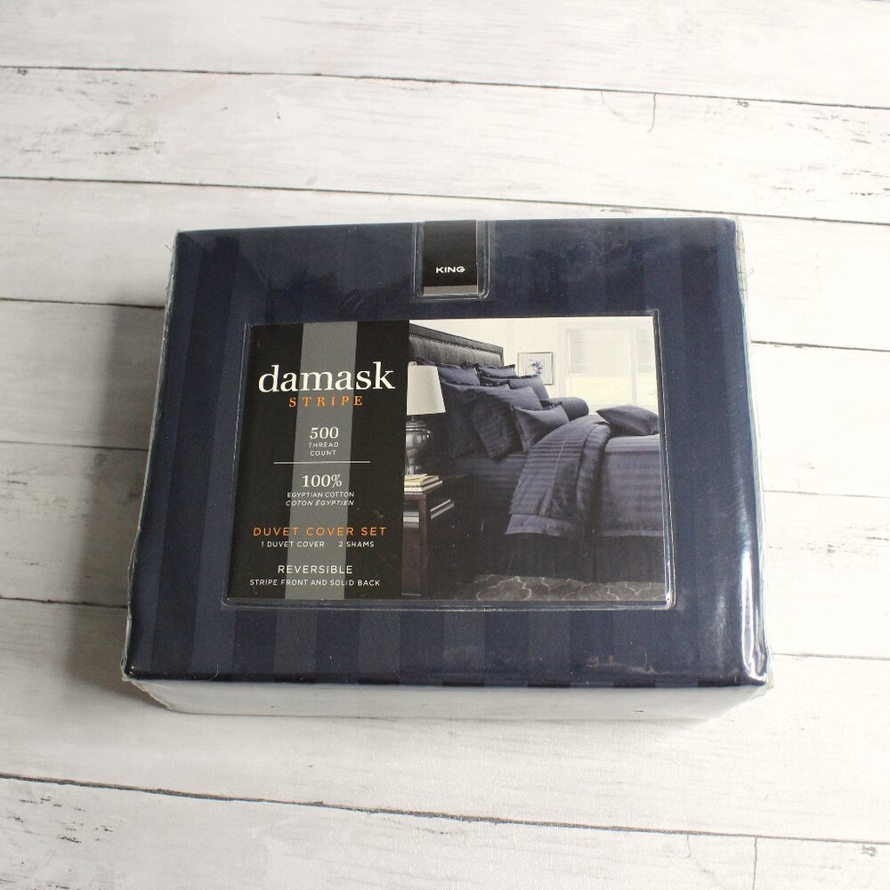 Damask Stripe King Size Duvet Cover Bedding Set 100% Egyptian Cotton Navy Blue